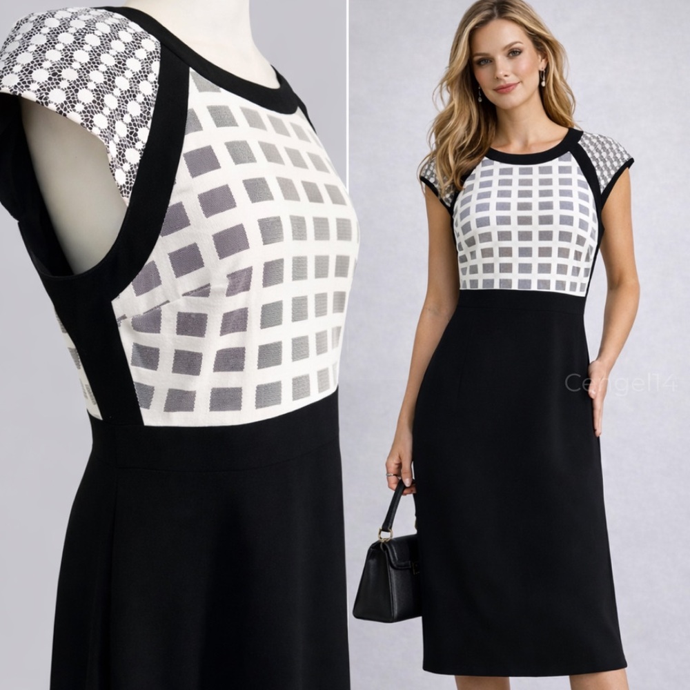 Antonio Melani Black White Geometric Lace A-Line Dress Size 12
